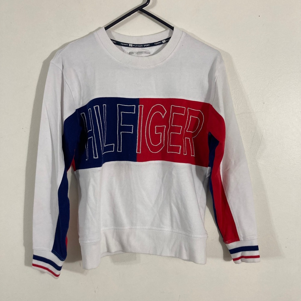 Tommy Hilfiger Sport Sweatshirt Womens XS White Red Blue Colorblock LOGO